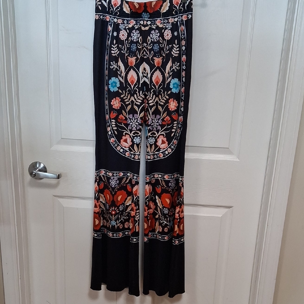 Floral Patterned Black and Multicolor Women's Bell Bottoms